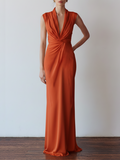 Women's Terracotta Jersey  Column Dress With Twist Knot Front & Tailored Silhouette, Contemporary Sophisticated Party Dress MDZ3089D5LYL
