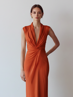 Women's Terracotta Jersey  Column Dress With Twist Knot Front & Tailored Silhouette, Contemporary Sophisticated Party Dress MDZ3089D5LYL