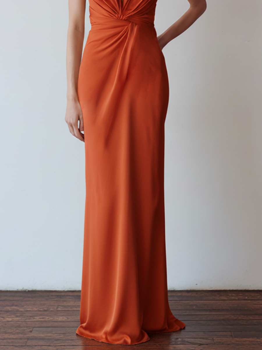 Women's Terracotta Jersey  Column Dress With Twist Knot Front & Tailored Silhouette, Contemporary Sophisticated Party Dress MDZ3089D5LYL