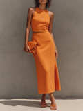 Women's Burnt Orange Sleeveless Co-Ord Set With Crop Top & High Waist Pencil Skirt, Chic Formal Casual Outfit MDZ3064D1LYL