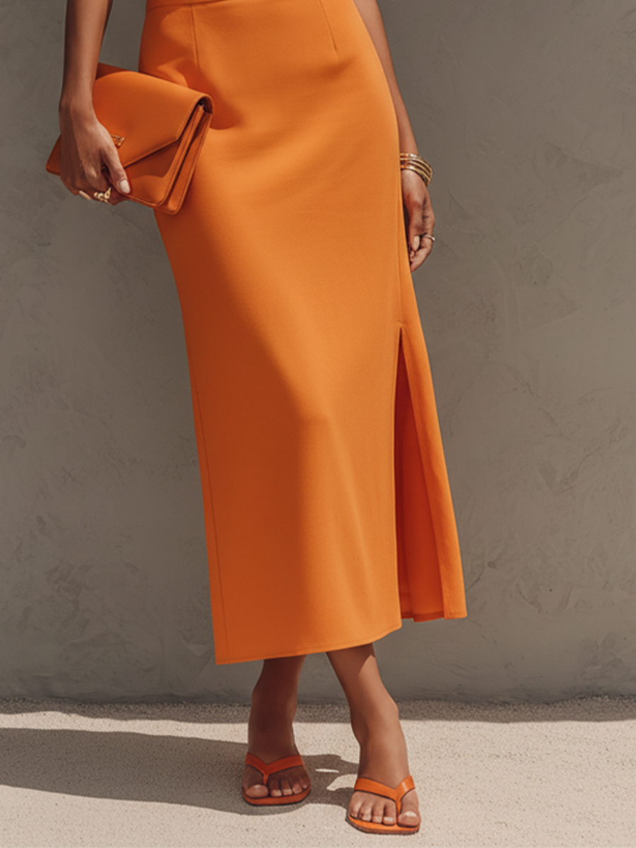 Women's Burnt Orange Sleeveless Co-Ord Set With Crop Top & High Waist Pencil Skirt, Chic Formal Casual Outfit MDZ3064D1LYL