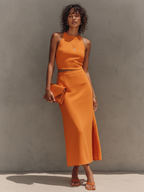 Women's Burnt Orange Sleeveless Co-Ord Set With Crop Top & High Waist Pencil Skirt, Chic Formal Casual Outfit MDZ3064D1LYL
