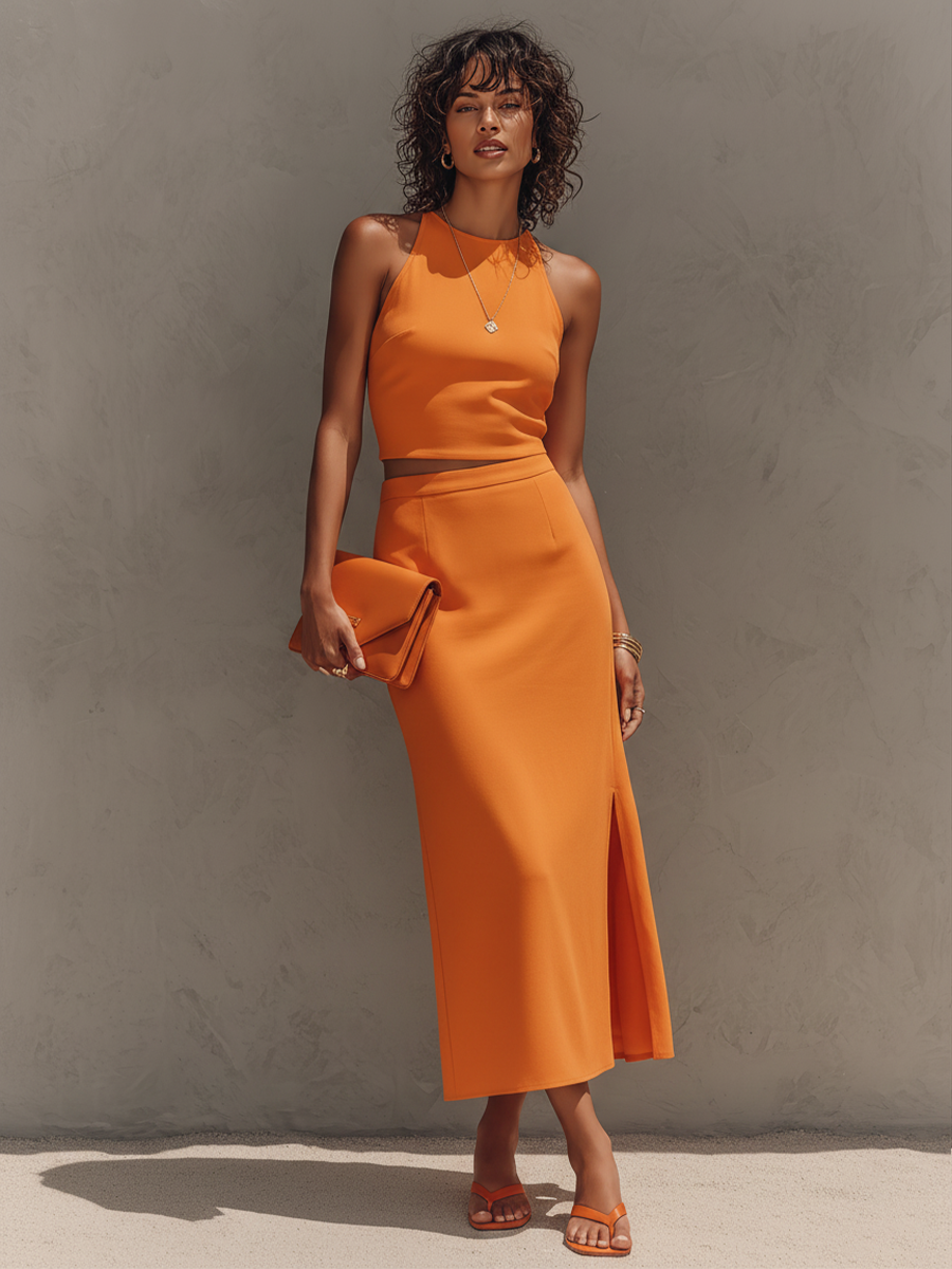 Women's Burnt Orange Sleeveless Co-Ord Set With Crop Top & High Waist Pencil Skirt, Chic Formal Casual Outfit MDZ3064D1LYL