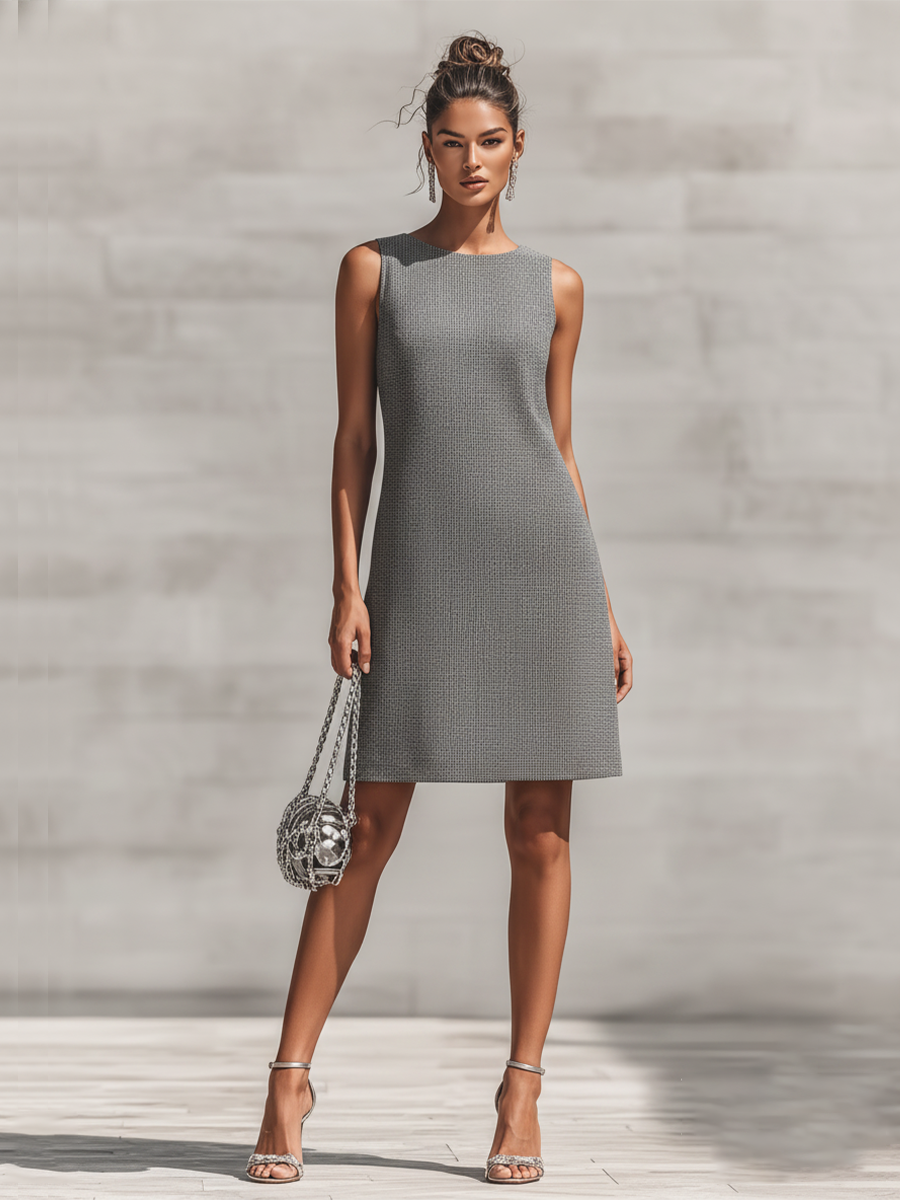 Women's Grey Woven Sleeveless Shift Dress With Round Neck, Timeless Minimalist Office Dress MDZ3039D2LYL