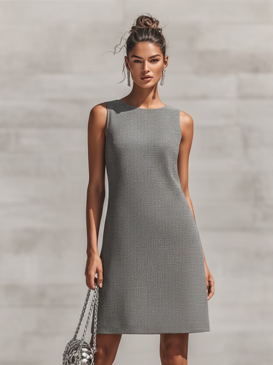 Women's Grey Woven Sleeveless Shift Dress With Round Neck, Timeless Minimalist Office Dress MDZ3039D2LYL