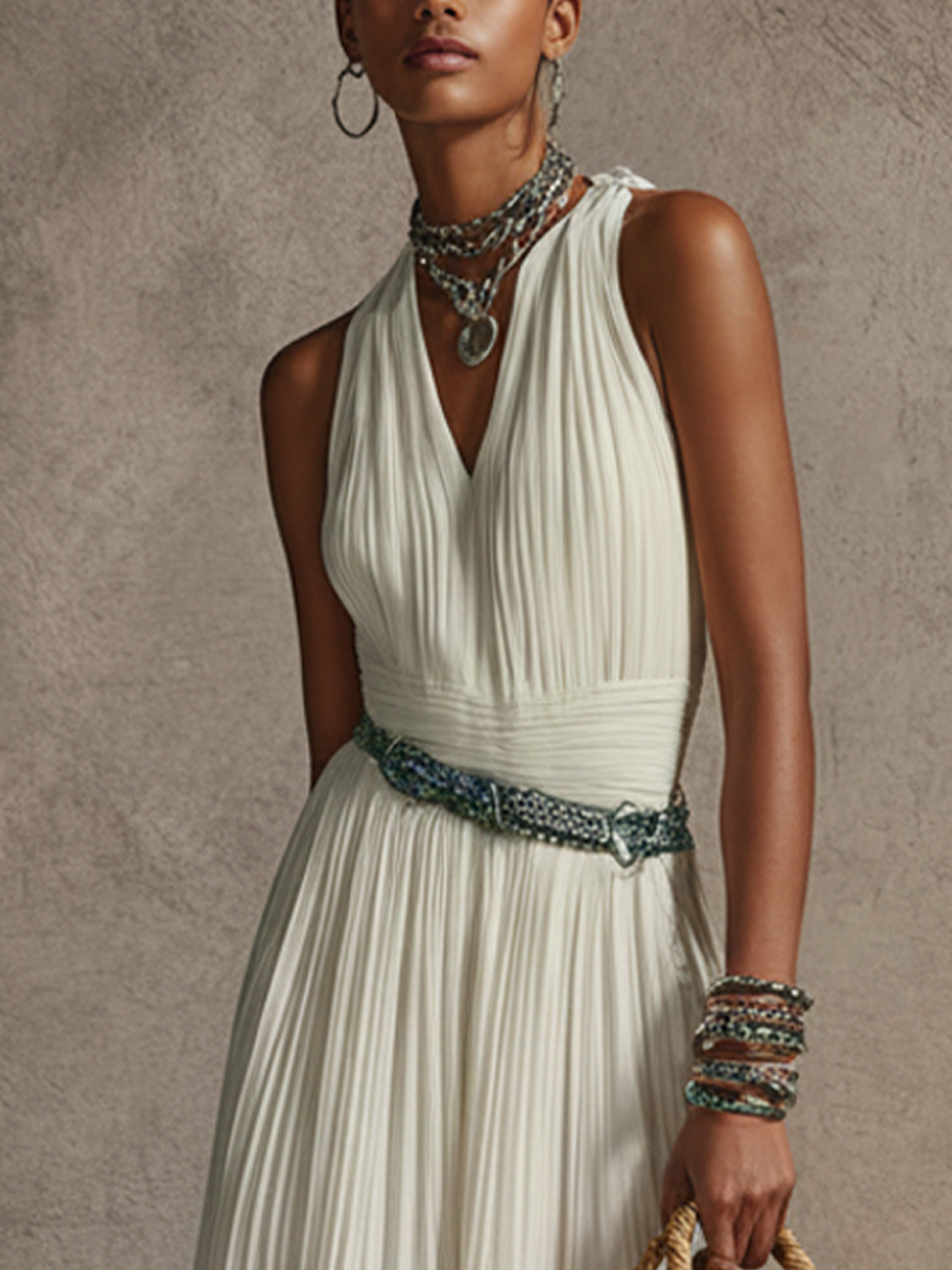 Women's Elegant White Chiffon V-Neck Pleated Sleeveless Maxi Dress(Belt Not Included) MDZ3099D8GMJ