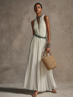 Women's Elegant White Chiffon V-Neck Pleated Sleeveless Maxi Dress(Belt Not Included) MDZ3099D8GMJ