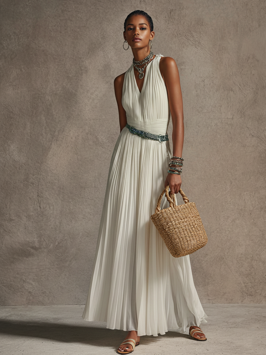 Women's Elegant White Chiffon V-Neck Pleated Sleeveless Maxi Dress(Belt Not Included) MDZ3099D8GMJ