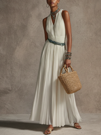 Women's Elegant White Chiffon V-Neck Pleated Sleeveless Maxi Dress(Belt Not Included) MDZ3099D8GMJ