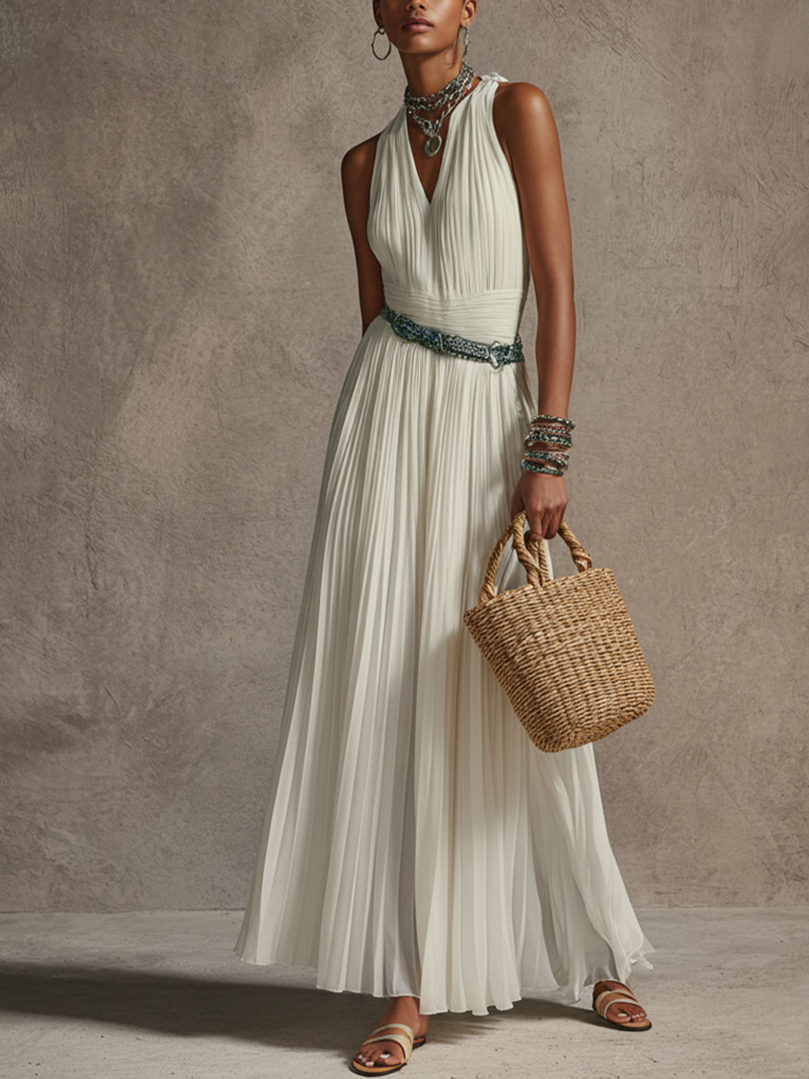 Women's Elegant White Chiffon V-Neck Pleated Sleeveless Maxi Dress(Belt Not Included) MDZ3099D8GMJ