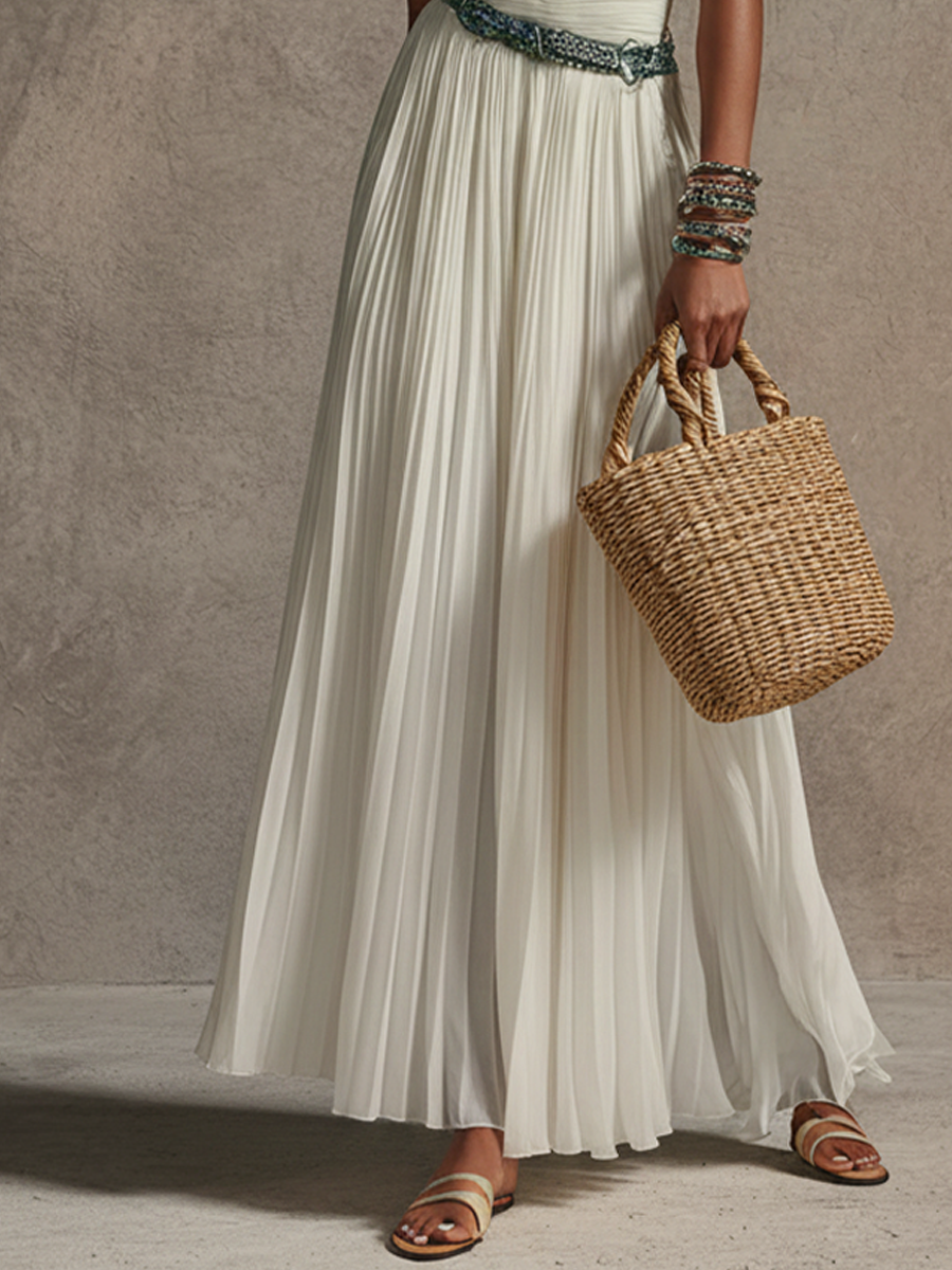 Women's Elegant White Chiffon V-Neck Pleated Sleeveless Maxi Dress(Belt Not Included) MDZ3099D8GMJ