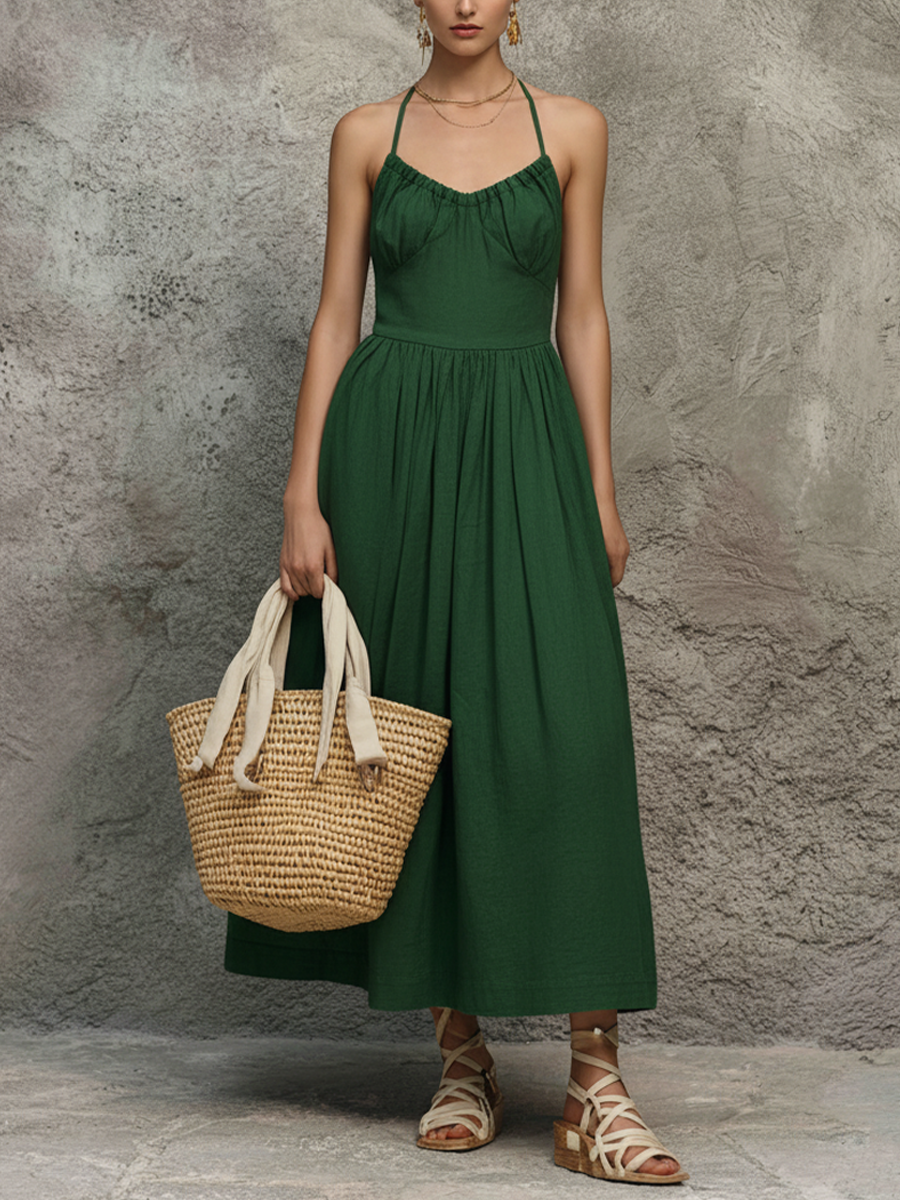 Women's Minimalist Green Cotton-Linen Halterneck Pleated Maxi Dress MDZ3065D9GMJ