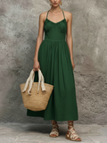 Women's Minimalist Green Cotton-Linen Halterneck Pleated Maxi Dress MDZ3065D9GMJ