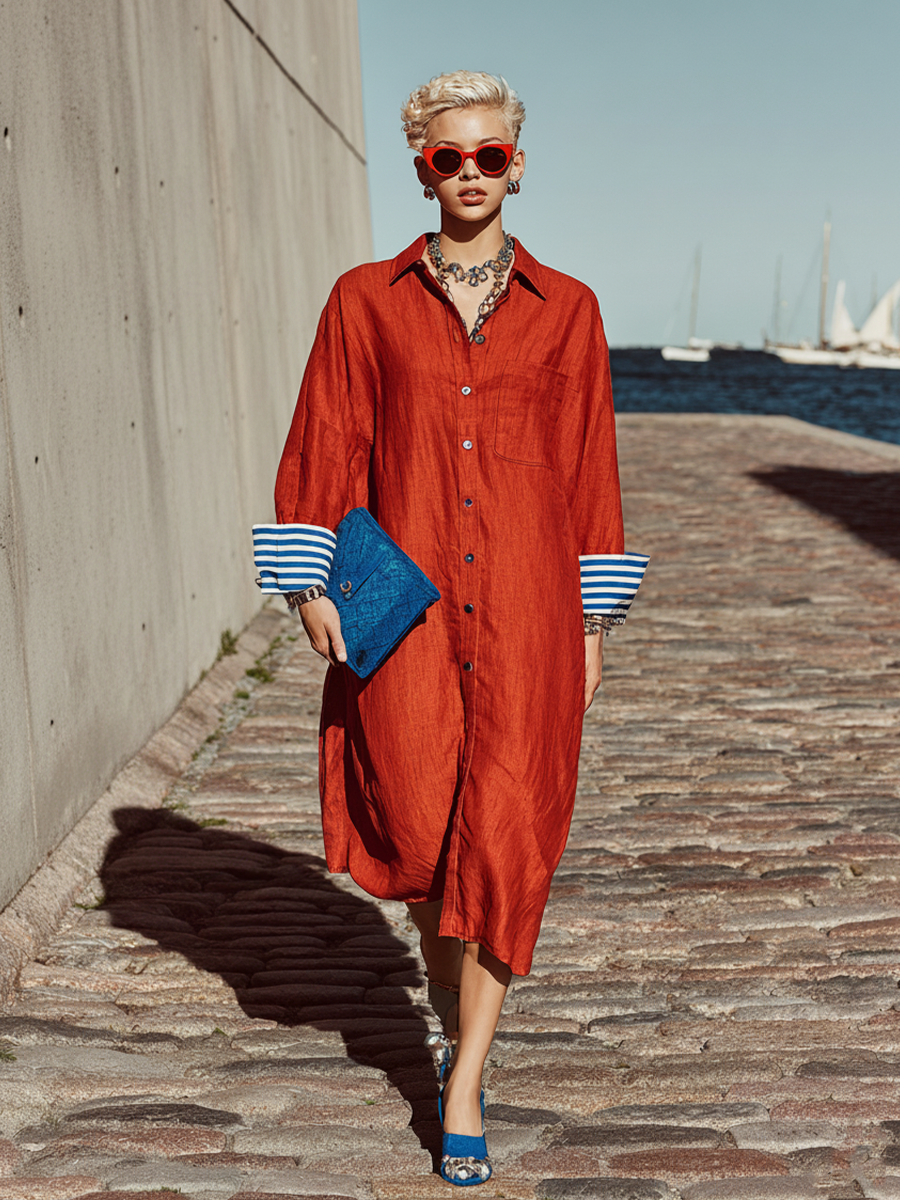Women's Casual Style Red Cotton Linen Lapel Single-Breasted Button-Down Cuffs Color-Blocked Long Shirt Dress MDZ3065D8GMJ