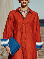 Women's Casual Style Red Cotton Linen Lapel Single-Breasted Button-Down Cuffs Color-Blocked Long Shirt Dress MDZ3065D8GMJ