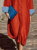 Women's Casual Style Red Cotton Linen Lapel Single-Breasted Button-Down Cuffs Color-Blocked Long Shirt Dress MDZ3065D8GMJ