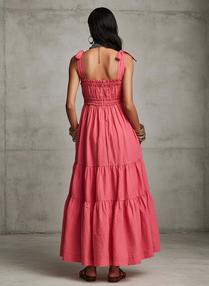 Women's Casual Pink Cotton-Linen Sleeveless Spaghetti-Strap Maxi Dress MDZ2937D9LXY
