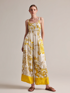 Women's Casual Yellow Printed Woven Sleeveless Spaghetti-Strap Jumpsuit MDZ2965D7LXY