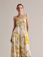 Women's Casual Yellow Printed Woven Sleeveless Spaghetti-Strap Jumpsuit MDZ2965D7LXY