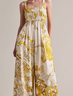 Women's Casual Yellow Printed Woven Sleeveless Spaghetti-Strap Jumpsuit MDZ2965D7LXY