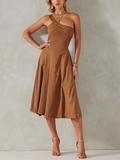 Women's Elegant Brown Cotton Blend Off-Shoulder Pleated Patchwork A-Line Midi Dress MDZ3061D2GMJ