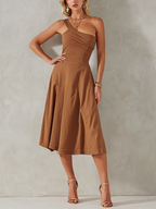 Women's Elegant Brown Cotton Blend Off-Shoulder Pleated Patchwork A-Line Midi Dress MDZ3061D2GMJ