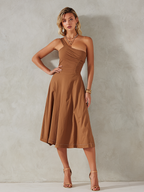 Women's Elegant Brown Cotton Blend Off-Shoulder Pleated Patchwork A-Line Midi Dress MDZ3061D2GMJ