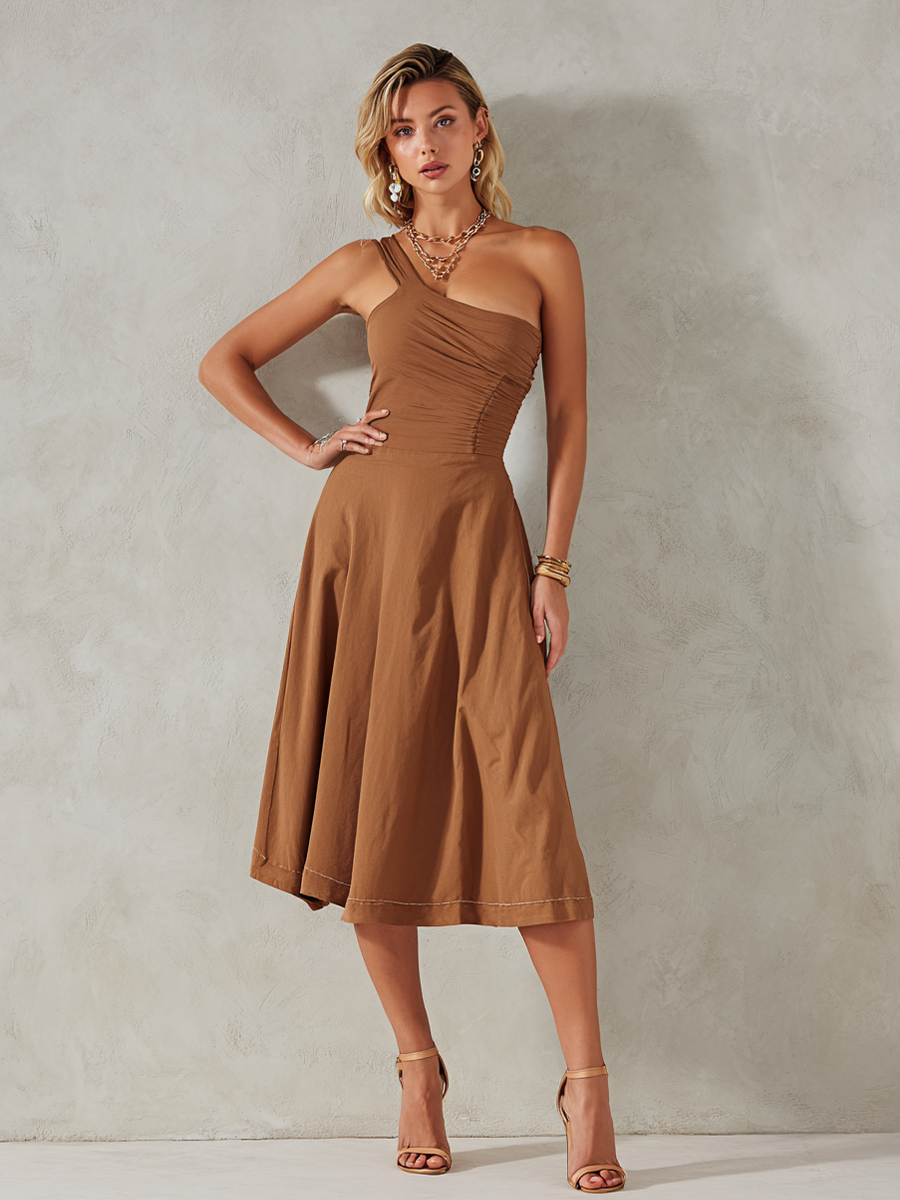 Women's Elegant Brown Cotton Blend Off-Shoulder Pleated Patchwork A-Line Midi Dress MDZ3061D2GMJ