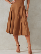 Women's Elegant Brown Cotton Blend Off-Shoulder Pleated Patchwork A-Line Midi Dress MDZ3061D2GMJ