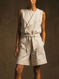 Women's Casual Off-White Linen-Cotton Blend Asymmetrical Button Waist Belt Sleeveless Short Jumpsuit MDZ3098D6GMJ