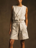 Women's Casual Off-White Linen-Cotton Blend Asymmetrical Button Waist Belt Sleeveless Short Jumpsuit MDZ3098D6GMJ
