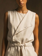 Women's Casual Off-White Linen-Cotton Blend Asymmetrical Button Waist Belt Sleeveless Short Jumpsuit MDZ3098D6GMJ
