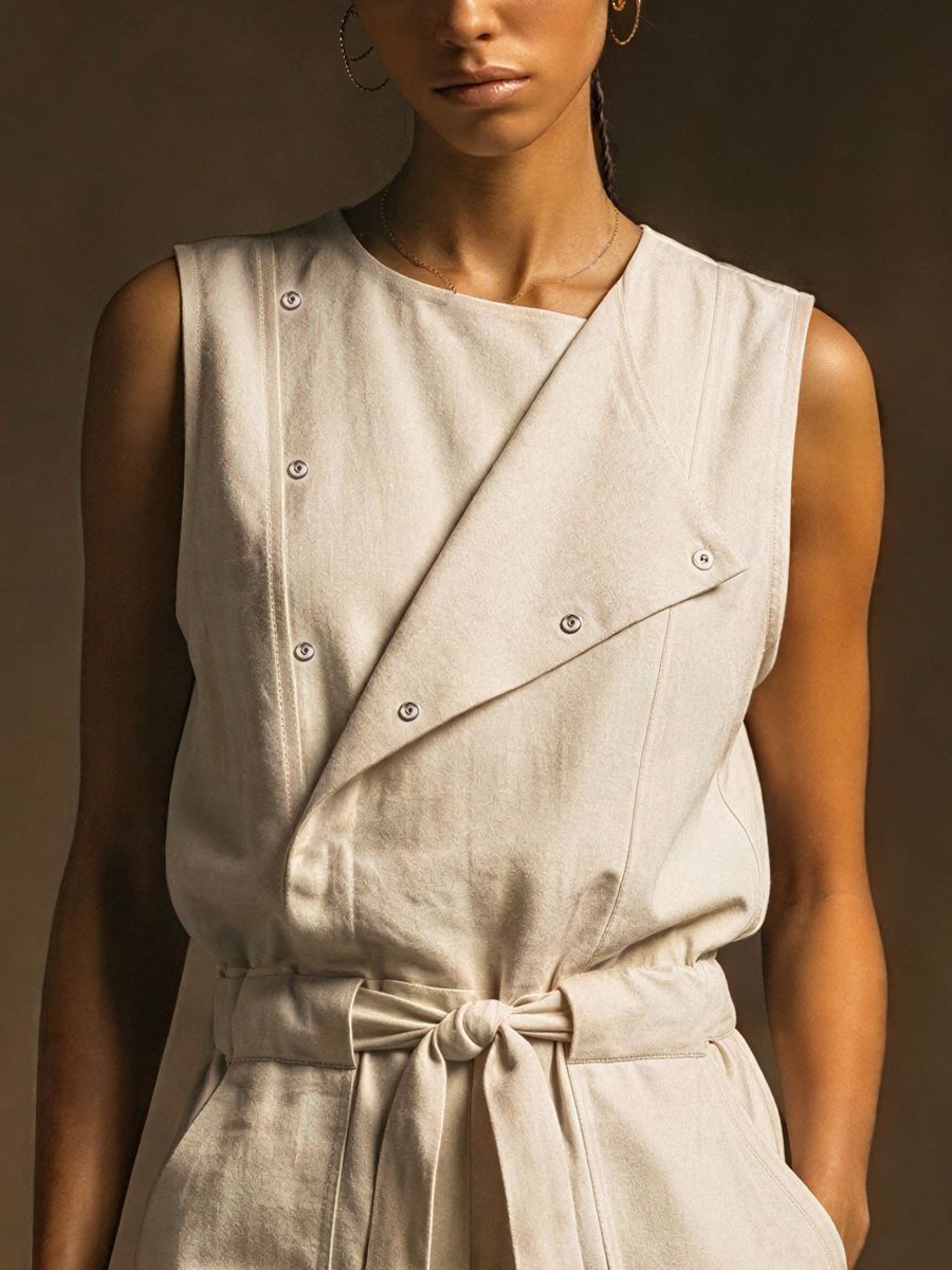 Women's Casual Off-White Linen-Cotton Blend Asymmetrical Button Waist Belt Sleeveless Short Jumpsuit MDZ3098D6GMJ