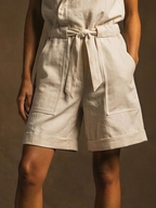 Women's Casual Off-White Linen-Cotton Blend Asymmetrical Button Waist Belt Sleeveless Short Jumpsuit MDZ3098D6GMJ