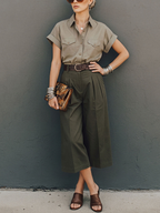 Women's Commuter Style Khaki Cotton Blend Collared Work Shirt And Army Green High-Waisted Pleated Wide-Leg Capri Trousers Suit MDZ3073D9GMJ