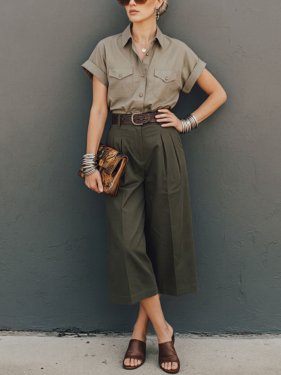 Women's Commuter Style Khaki Cotton Blend Collared Work Shirt And Army Green High-Waisted Pleated Wide-Leg Capri Trousers Suit MDZ3073D9GMJ