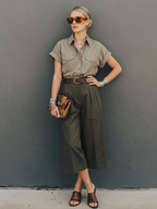 Women's Commuter Style Khaki Cotton Blend Collared Work Shirt And Army Green High-Waisted Pleated Wide-Leg Capri Trousers Suit MDZ3073D9GMJ
