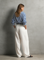 Women's Casual Blue And White Striped Woven Long-Sleeve Shirt And White Cotton-Linen Trousers Set (Belt Not Included) MDZ2960D7LXY