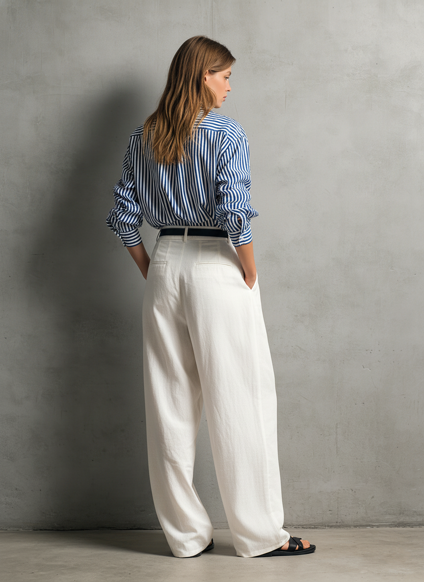 Women's Casual Blue And White Striped Woven Long-Sleeve Shirt And White Cotton-Linen Trousers Set (Belt Not Included) MDZ2960D7LXY