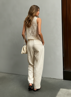 Women's Elegant Beige Lace Round-Neck Sleeveless Vest Paired With Beige Cotton-Linen Trousers MDZ2915D7LXY